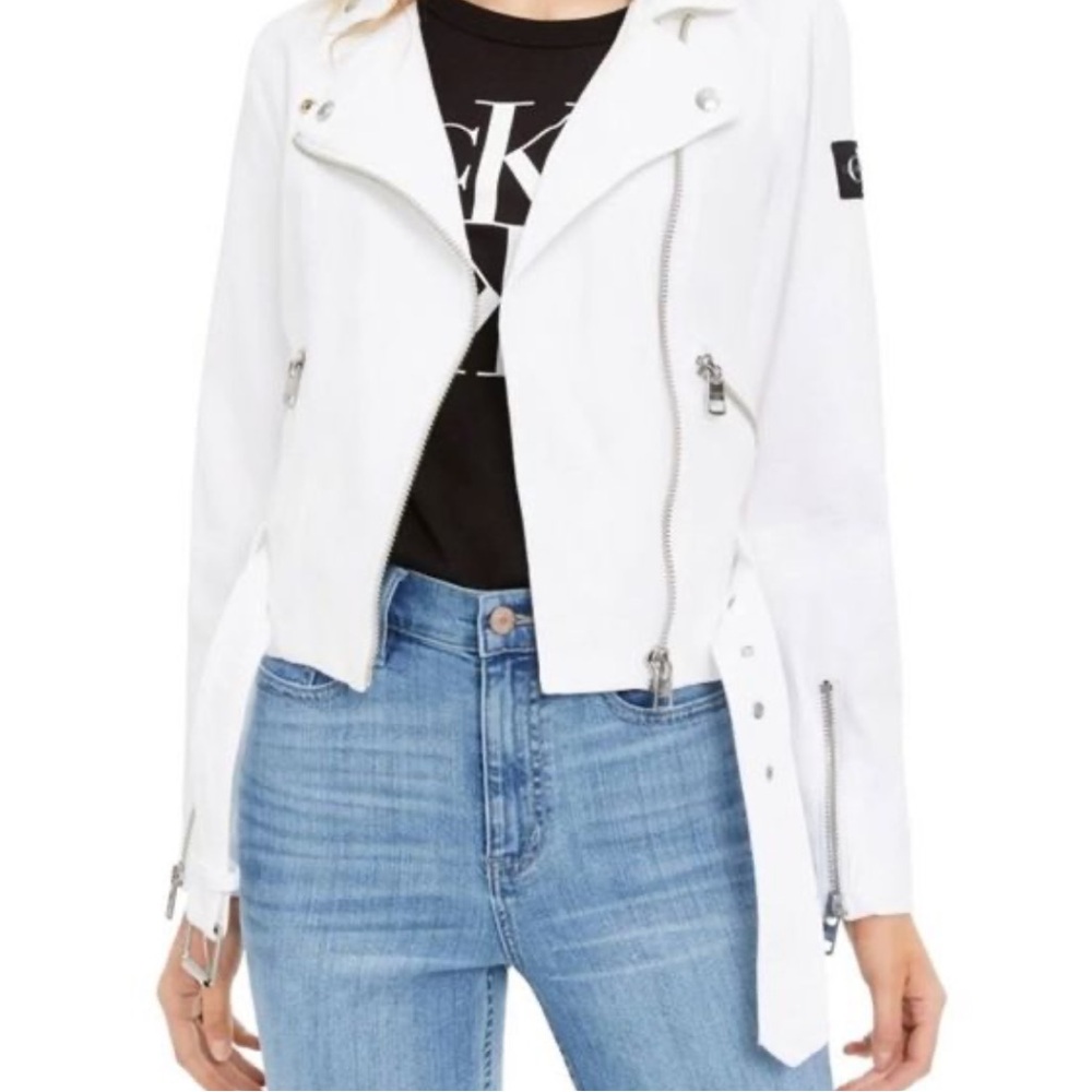 Calvin Klein Jeans Cropped White Moto Jacket, size M - Picture 2 of 13